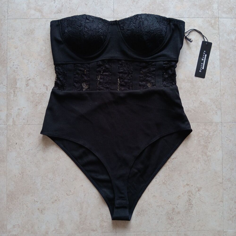 Haute Monde Medium Strapless Bustier Bodysuit Black Lace Padded Teddy Corset